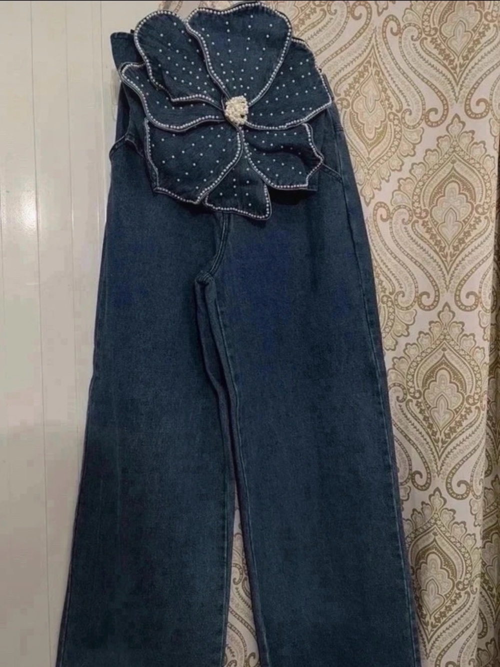 Dark Blue Wide Leg Floral Waist Jeans